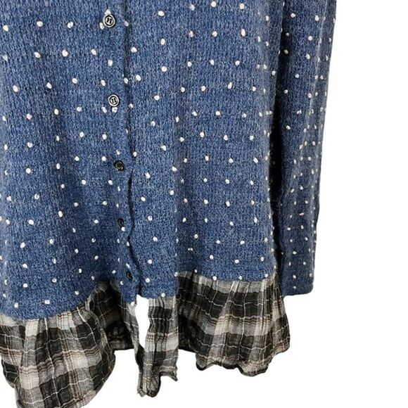 Oddy Womens Blue Swiss Raised Dot Womens Cardigan Sweater Plaid Ruffle V-Neck M - Picture 3 of 16
